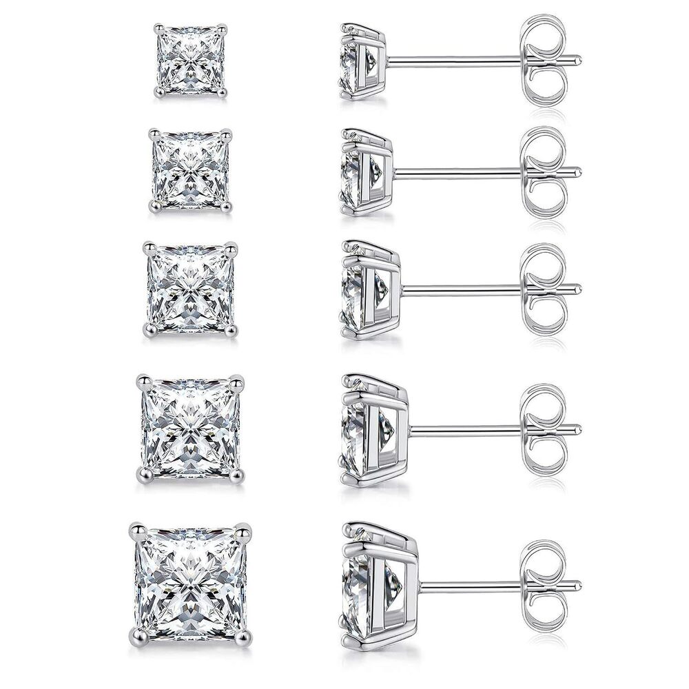 18K White Gold Plated Princess Cut Square Clear Cubic Zirconia Stud